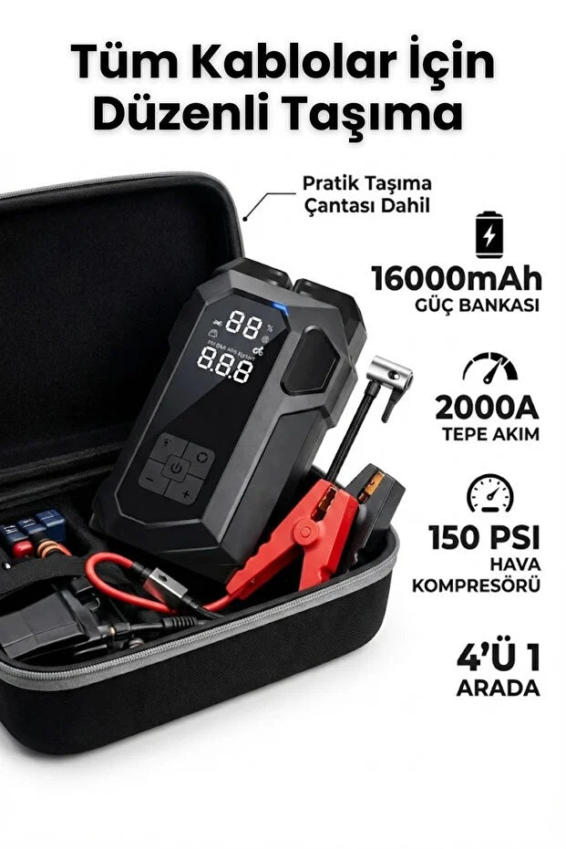 Akıllı Akü Takviye + Kompresör Cihazı AllyPa 16000mAh Orjinal Ürün