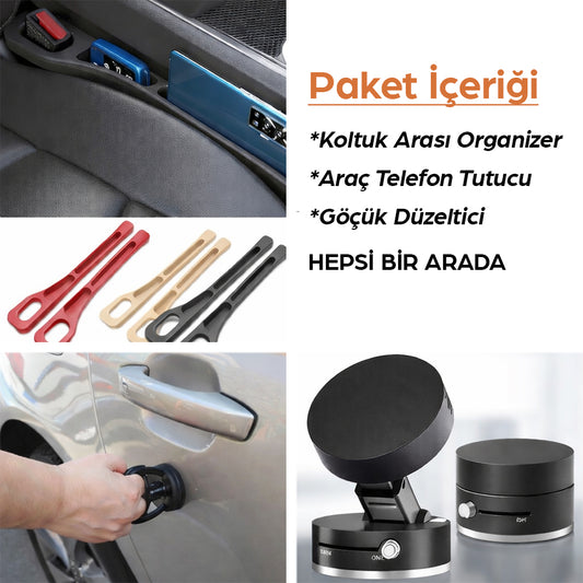 Araç Aksesuar Seti – Organizer + Telefon Tutucu + Göçük Düzeltici