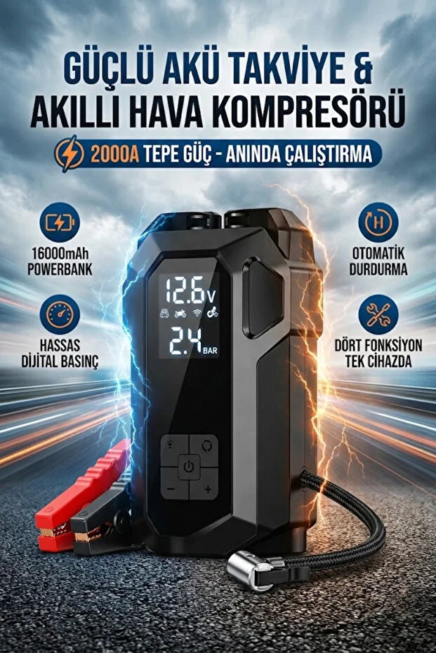 Akıllı Akü Takviye + Kompresör Cihazı AllyPa 16000mAh Orjinal Ürün